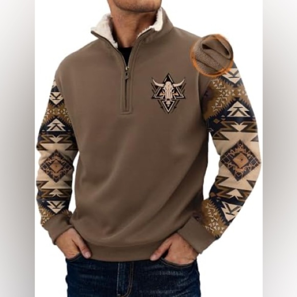 Western Quarter-Zip Pullover Sweater with Aztec Patterned Sleeves. Size L